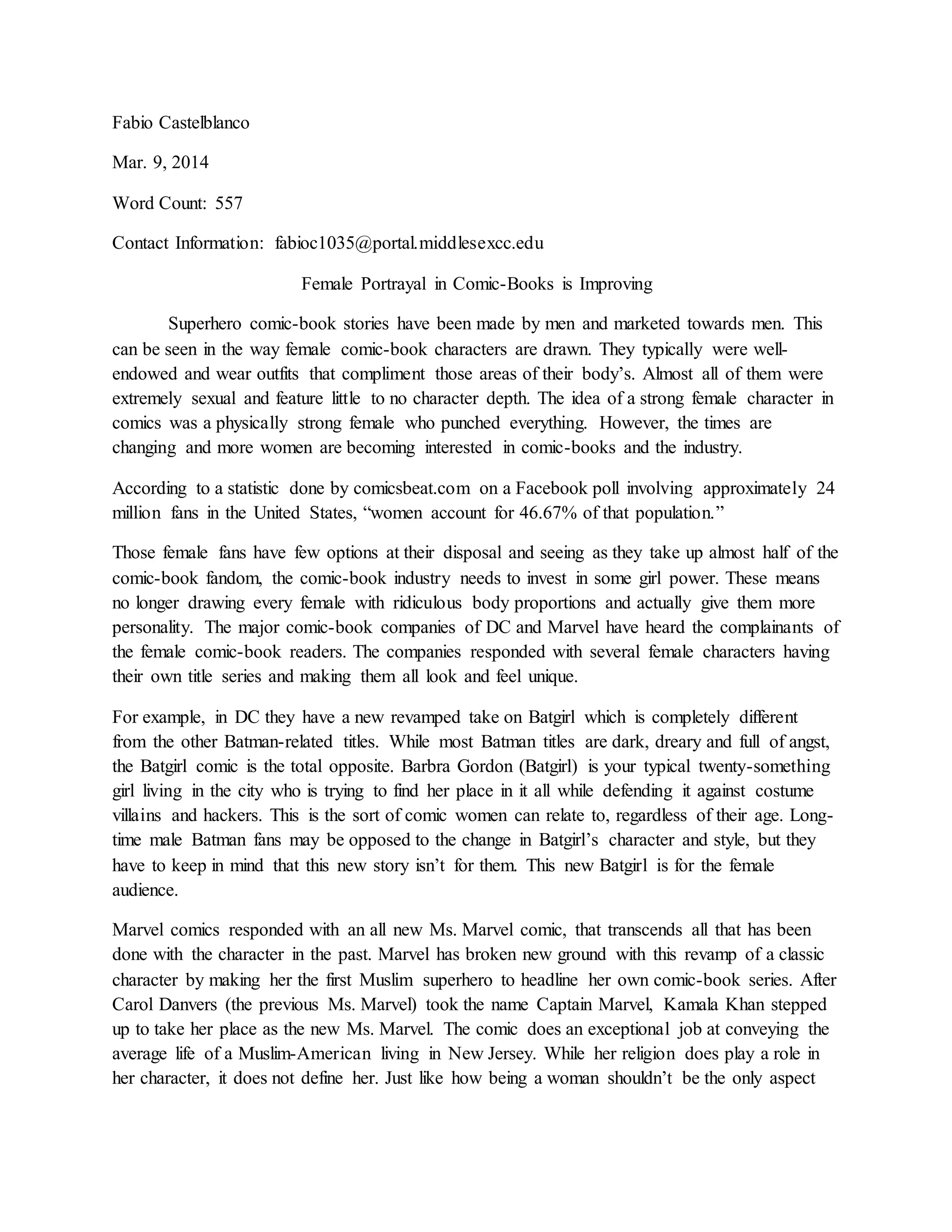 Female Portrayal in comics | DOCX