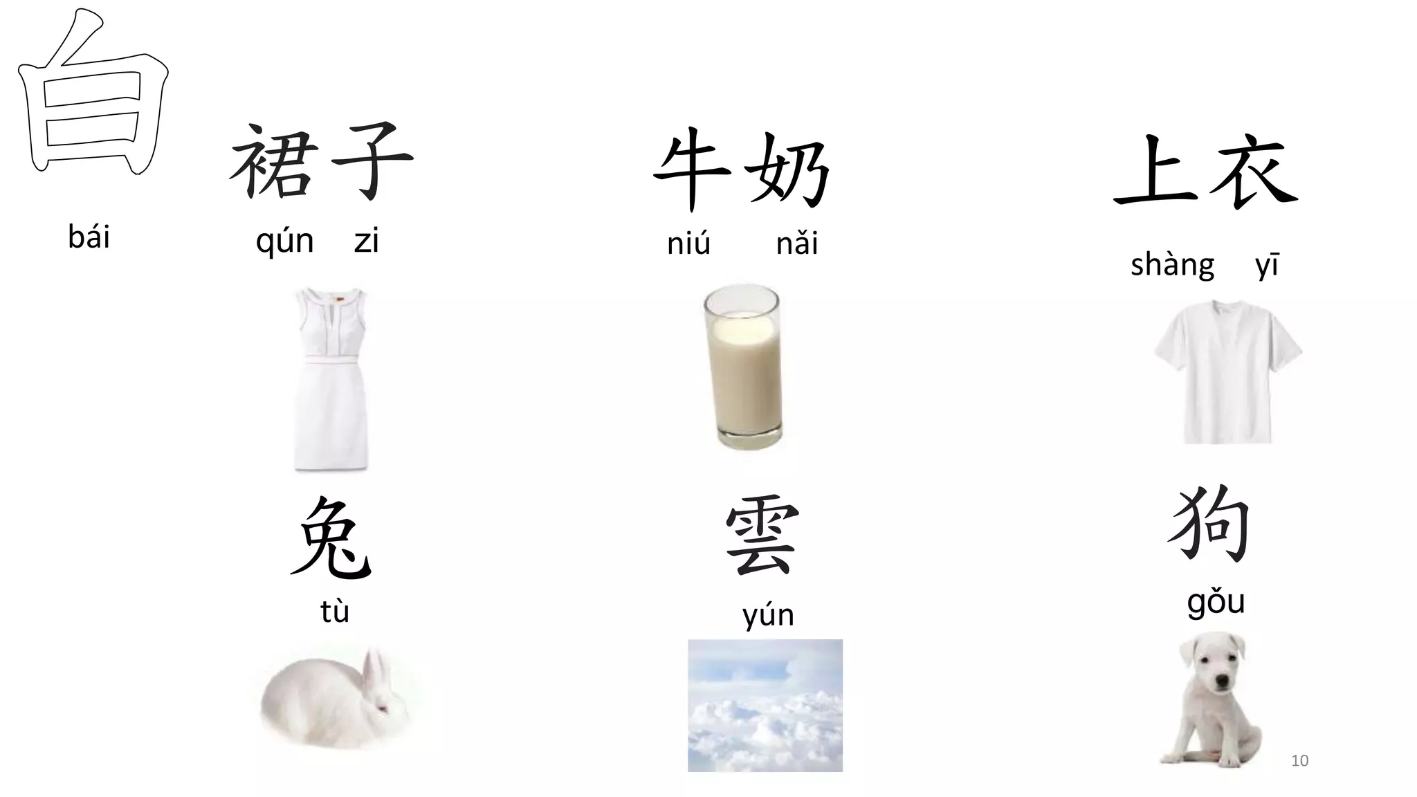 兔
tù
bái
10
牛奶
niú nǎi
裙子
qún zi
狗
gǒu
雲
yún
上衣
shàng yī
 