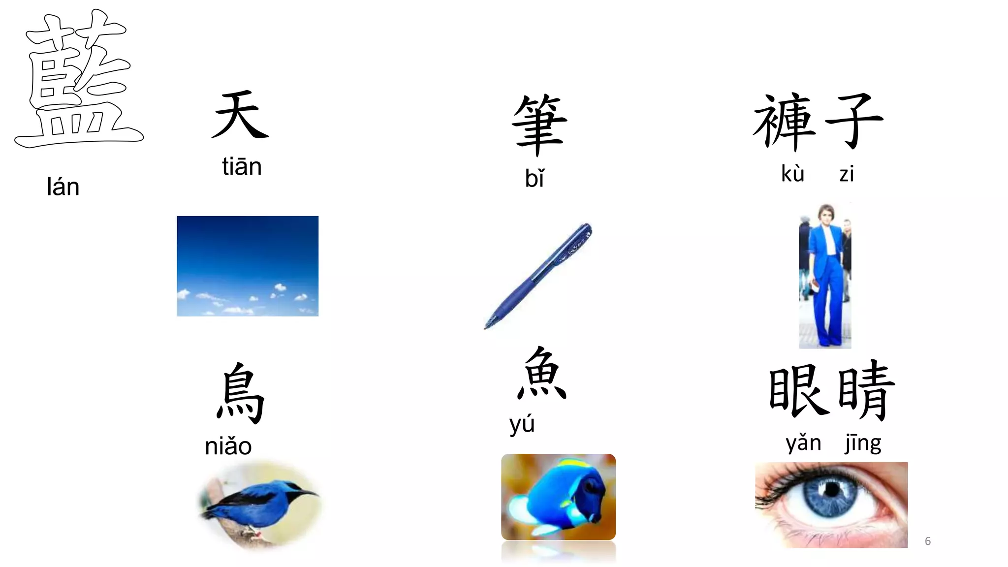 lán
鳥
niǎo
魚
yú
6
眼睛
yǎn jīng
天
tiān
筆
bǐ
褲子
kù zi
 