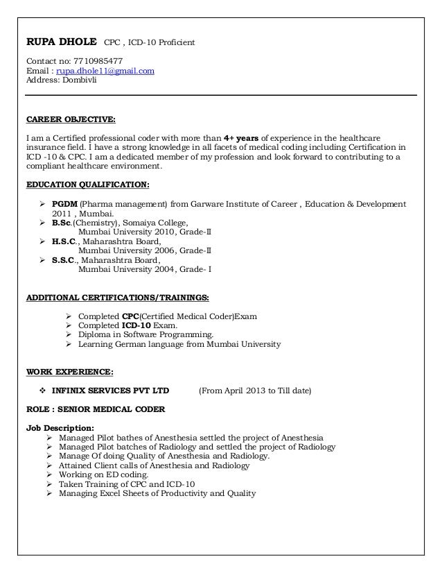 rupa dhole cv medical coder certified coder resume