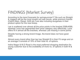 FINDINGS (Market Survey)
According to the trend forecasts for springsummer17 fits such as Straight
& Joggers will be the most sought out new trends, while premium brands
(Calvin Klein, Diesel, GAS etc.) are also including dungarees in their
product option for the new lineup.
•Lee is scattered over almost all the price points in the bracket 2099-4099,
whereas Levis has segmented their price category very effectively. Levis
offers fit in almost all the brackets, whereas Lee missing in some points
•Despite having a strong brand Image, the brand does not have good
sales.
•Almost every brand other than lee has Straight fit in their Fit range and on
an average it consists of 19% of their total no. of options.
•Indira Nagar & M.G Road is the most preferred shopping destination for
young customer due to the availability of more no. of options in both fit &
style.
 