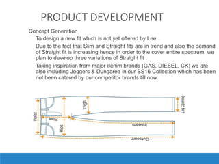 PRODUCT DEVELOPMENT
•Concept Generation
◦ To design a new fit which is not yet offered by Lee .
◦ Due to the fact that Slim and Straight fits are in trend and also the demand
of Straight fit is increasing hence in order to the cover entire spectrum, we
plan to develop three variations of Straight fit .
◦ Taking inspiration from major denim brands (GAS, DIESEL, CK) we are
also including Joggers & Dungaree in our SS16 Collection which has been
not been catered by our competitor brands till now.
 