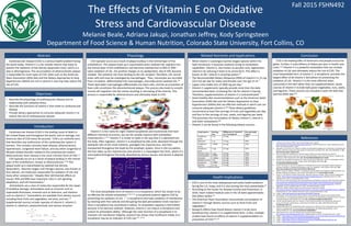 The Effects of Vitamin E on Oxidative
Stress and Cardiovascular Disease
Melanie Beale, Adriana Jakupi, Jonathan Jeffrey, Kody Springsteen
Department of Food Science & Human Nutrition, Colorado State University, Fort Collins, CO
Fall 2015 FSHN492
Cardiovascular disease (CVD) is a serious health problem facing
the world today. Vitamin E is a fat-soluble vitamin that helps to
prevent the oxidation of low density lipoprotein (LDL), which is a
step in atherogenesis. The accumulation of atherosclerotic plaque
is responsible for most types of CVD. Diets such as the American
Heart Association (AHA) diet and the Dietary Approaches to Stop
Hypertension (DASH) are rich in vitamin E and may help reduce the
risk of CVD.
Abstract
• Describe the physiology of cardiovascular disease and its
relationship with oxidative stress
• Describe the functions of vitamin E that relate to cardiovascular
disease
• Provide dietary approaches to consume adequate vitamin E to
reduce the risk of cardiovascular disease
Objectives
Cardiovascular disease (CVD) is the leading cause of death in
the United States and throughout the world, and on average, one
American dies of CVD every 40 seconds.1 CVD is an umbrella term
that describes any malfunction of the cardiovascular system in
humans. This includes coronary heart disease, atherosclerosis,
hypertension, congestive heart failure, and any other congenital or
lifestyle-related disorder related to the cardiovascular system.
Atherosclerotic heart disease is the most common form of CVD.1,2
CVD typically occurs as a result of plaque buildup in the intimal
layer of the endothelium, known as atherosclerosis.3-5,6 This
plaque build-up is exacerbated by oxidized low density
lipoproteins. Reactive oxygen and nitrogen species, also known as
free radicals, are molecules responsible for oxidation of LDL and
many other compounds.7 Despite their detrimental effects on
tissues, ROS and RNS have important roles in cell signaling,
adaptation, and cell homeostasis.7
Antioxidants are a class of molecules responsible for the repair
of oxidative damage. Antioxidants exist as enzymes such as
superoxide dismutase, minerals such as Selenium, and vitamins
such as vitamin E.7 Antioxidants are available from dietary sources
including fresh fruits and vegetables, red wine, and tea.7-9
Supplemental sources include capsules of vitamin E, vitamin C,
vitamin A, selenium, phytochemicals, and various enzymes.
Introduction
CVD typically occurs as a result of plaque buildup in the intimal layer of the
endothelium. This plaque build-up is exacerbated when oxidized LDL migrates into
the intimal layer of the endothelium and becomes oxidized due to ROS or RNS.7
Upon oxidation of LDL, the positive charges on its apoliprotein, Apo B 100, become
masked. This prevents LDL from binding to the LDL receptor. Therefore, LDL cannot
enter cells and must be scavenged by macrophages. Then, monocytes are recruited
from circulation, differentiated into macrophages, and endocytose oxidized LDL.10
These lipid-laden macrophages differentiate into foam cells, and the accumulation of
foam cells constitutes the aforementioned plaque. This process also leads to smooth
muscle cell migration into the intima resulting in narrowing of the arteries. This
process is responsible for atherosclerosis and ultimately leads to CVD.
Vitamin E is the name for eight related tocopherols and tocotrienols that have
different chemical structures, but are fat-soluble vitamins with antioxidant
characteristics.2-7,11 Vitamin E is similar to lipids in the way that it is absorbed into
the body. After ingestion, vitamin E is solubilized by bile acids, absorbed through the
epithelial cells of the small intestine, packaged into chylomicrons, and then
transported throughout the body by the lymphatic system. Once in the circulation,
the liver takes up the chylomicrons and vitamin E is repackaged into VLDL, where it is
recirculated throughout the body, absorbed by various tissues, and stored in adipose
tissue.2
The most bioavailable form of vitamin E is ⍺-tocopherol, which has shown to be
an effective fat-soluble antioxidant.2-3,6-7,11 ⍺-tocopherol protects against CVD by
preventing the oxidation of LDL. 4, 7 ⍺-tocopherol interrupts oxidation of membranes
by reacting with free radicals and disrupting the lipid peroxidation chain reaction.6
Once ⍺-tocopherol has neutralized a radical, its antioxidant capacity is diminished
because it has become oxidized. However, vitamin C can reduce ⍺-tocopherol and
restore its antioxidant ability.7 Although the main function of ⍺-tocopherol is to
maintain cell membrane integrity, research has shown that insufficient intake of ⍺-
tocopherol may be an indicator of CVD risk.2-6, 12-13
Physiology
• CVD is one of the most widespread and costly health problems
facing the U.S. today, and it is also among the most preventable.14
• According to the Center for Disease Control and Prevention, in
2010, heart related medical costs in the US were approximately
444 billion dollars.14
• The American Heart Association recommends consumption of
vitamin E through dietary sources such as fresh fruits and
vegetables.8
• Research efforts have found dietary vitamin E to be more
beneficial than vitamin E in supplemental form. In fact, multiple
studies have found no effects of vitamin E supplementation on
prevention of CVD.4,11,13
CVD is the leading killer of Americans and people across the
globe. Further, it costs billions of dollars per year in health care
costs.1,14 Vitamin E is a powerful antioxidant that can combat
oxidation of LDL and ultimately reduce the risk of CVD. The
most bioavailable form of vitamin E, ⍺-tocopherol, provides the
largest effect of all vitamin E derivatives on preventing the
oxidation of LDL. Vitamin E is the most effective when
consumed in the diet rather than via supplementation. Good
sources of vitamin E include leafy green vegetables, nuts, seeds,
and legumes. These sources are included in both the AHA diet
and the DASH diet.8,9
1. Cardiovascular diseases (CVDs). World Health Organization website.
http://www.who.int/mediacentre/factsheets/fs317/en/. Published February 21, 2010. Updated January 10,
2015. Accessed November 2, 2015.
2. Myung SK, Ju W, Cho B, et al. Efficacy of vitamin and antioxidant supplements in prevention of cardiovascular
disease: systematic review and meta-analysis of randomized controlled trials. BMJ. 2013;346(7893):12. doi:
http://dx.doi.org/10.1136/bmj.f10
3. Glynn RJ, Ridker PM, Goldhaber SZ, Zee RY, Buring JE. Effects of random allocation to vitamin E
supplementation on the occurrence of venous thromboembolism: report from the Women's Health Study.
Circulation. 2007;116(13):1497-1503. doi: 10.1161/CIRCULATIONAHA.107.716407
4. Stampfer MJ, Hennekens CH, Manson JE, Colditz GA, Rosner B, Willett WC. Vitamin E consumption and the
risk of coronary disease in women. N Engl J Med. 1993;328(20):1444-1449. doi:
10.1056/NEJM199305203282003
5. Knekt P, Reunanen A, Jarvinen R, Seppanen R, Heliovaara M, Aromaa A. Antioxidant vitamin intake and
coronary mortality in a longitudinal population study. Am J Epidemiol. 1994;139(12):1180-1189. URL:
http://aje.oxfordjournals.org/content/139/12/1180.full.pdf
6. Mathur P, Ding ZF, Saldeen T, Mehta JL. Tocopherols in the Prevention and Treatment of Atherosclerosis and
Related Cardiovascular Disease. J Clin Cardiol. 2015;38(9):570–576. doi:10.1002/clc.22422
7. Vitamin E: Fact Sheet for Health Professionals. National Institutes of Health: Office of Dietary Supplements
website. https://ods.od.nih.gov/factsheets/VitaminE-HealthProfessional/. Published January 15, 2013.
Updated June 5, 2013. Accessed November 3, 2015.
8. The American Heart Association’s Diet and Lifestyle Recommendations. American Heart Association website.
http://www.heart.org/HEARTORG/GettingHealthy/NutritionCenter/HealthyEating/The-American-Heart-
Associations-Diet-and-Lifestyle-Recommendations_UCM_305855_Article.jsp#.VjugCq6rTR2. Published
September 10, 2014. Updated August 12, 2015. Accessed November 2, 2015.
9. DASH diet: Healthy eating to lower your blood pressure. Mayo Clinic website.
http://www.mayoclinic.org/healthy-lifestyle/nutrition-and-healthy-eating/in-depth/dash-diet/art-20048456.
Published May 15, 2013. Updated February 6, 2015. Accessed November 2, 2015.
10. Image 2: http://atvb.ahajournals.org/content/25/5/904/F2.large.jpg
11. Blumberg JB, Frei B. Why clinical trials of vitamin E and cardiovascular diseases may be fatally flawed.
Commentary on "The relationship between dose of vitamin E and suppression of oxidative stress in humans."
Free Radic Biol Med. 2007;43(10):1374-1376. doi: 10.1016/j.freeadbiomed.2007.08.017
12. Lee IM, Cook NR, Gaziano JM, et al. Vitamin E in the primary prevention of cardiovascular disease and
cancer: the Women's Health Study: a randomized controlled trial. JAMA. 2005;294(1):56-65. doi:
10.1001/jama.294.1.56.
13. Stephens NG, Parsons A, Schofield PM, Kelly F, Cheeseman K, Mitchinson MJ. Randomised controlled trial of
vitamin E in patients with coronary disease: Cambridge Heart Antioxidant Study (CHAOS). Lancet.
1996;347(9004):781-786. doi:10.1016/S0140-6736(96)90866-1
14. Heart Disease Facts. Center for Disease Control and Prevention website.
http://www.cdc.gov/heartdisease/facts.htm. Updated August 10, 2015. Accessed November 5, 2015.
15. Image 1: https://www.uic.edu/classes/phar/phar332/Clinical_Cases/vitamin%20cases/vitamin%20E/vit-E.gif
16. Image 2: http://atvb.ahajournals.org/content/25/5/904/F2.large.jpg
17. Image 3: https://www.cnsforum.com/educationalresources/imagebank/drugs_other/moa_vite
18. Image 4: http://www.oasisadvancedwellness.com/
Health Implications
Conclusion
References
Related Nutrients and Applications
• When vitamin E scavenges reactive oxygen species within the
lipid membrane, it becomes oxidized, losing its antioxidant
capabilities. Vitamin C, also known as ascorbic acid, regenerates
vitamin E by reducing it back to its active form. This effect is
known as the “vitamin E recycling system.”7
• The Recommended Dietary Allowance (RDA) of vitamin E is 15 mg
(22.4 IU) per day for males and females over the age of 14. 7
• Upper Limit Intake (UL) of 1000 mg per day.7
• Vitamin E supplements typically provide more than the daily
recommended dose, increasing the risk for vitamin E toxicity.
Therefore, supplementation of vitamin E is contraindicated. 7
• Heart-healthy diet recommendations such as the American Heart
Association (AHA) diet and the Dietary Approaches to Stop
Hypertension (DASH) diet are effective methods in which one can
consume adequate vitamin E.8,9 These dietary guidelines
recommend at least five servings of fruits and vegetables per day,
and four to five servings of nuts, seeds, and legumes per week.
This promotes the consumption of dietary vitamin E, vitamin C,
and other antioxidants.8,9
• Vitamin E can be found in the following dietary sources:
Image 3
Image 1
Image 2
Image 4
 