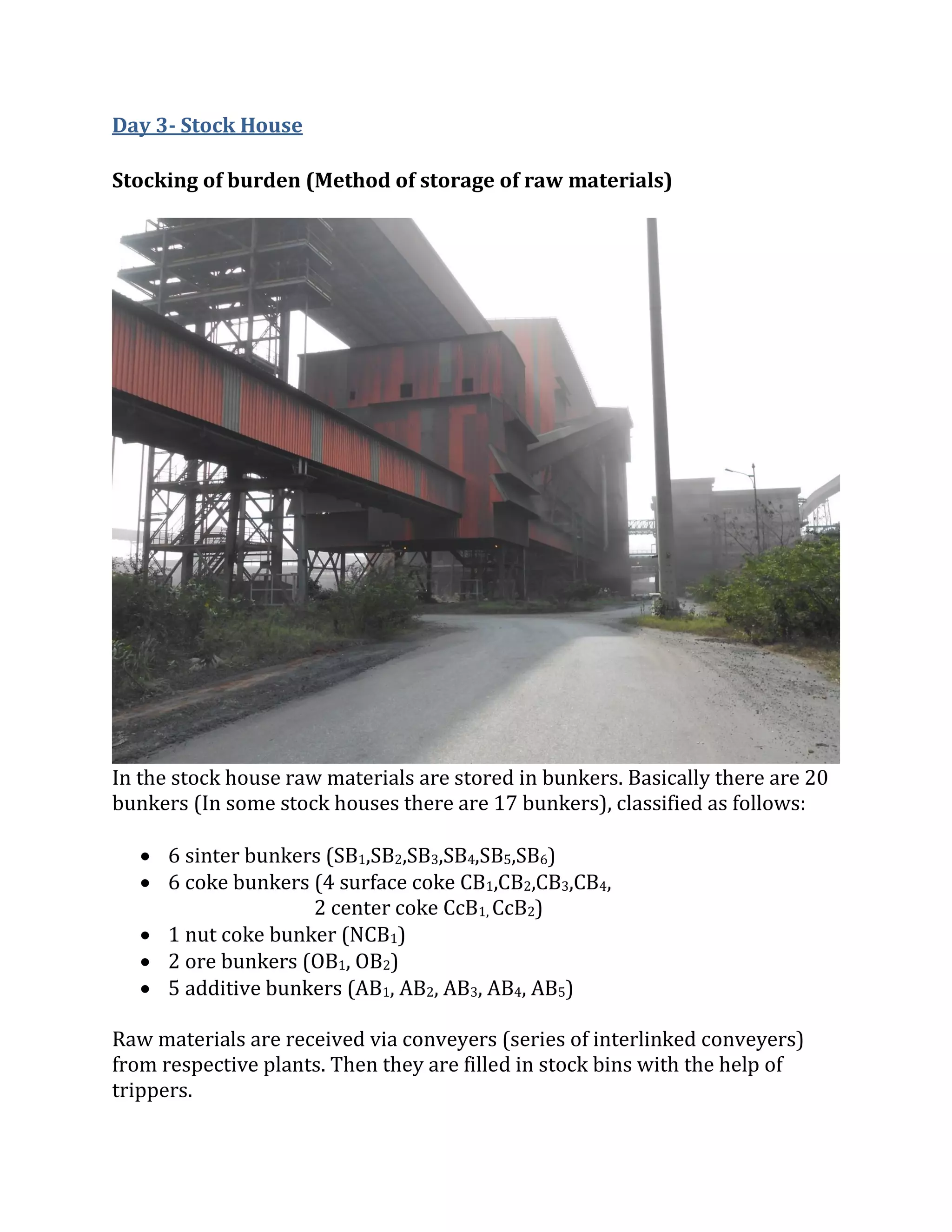 Day 3- Stock House
Stocking of burden (Method of storage of raw materials)
In the stock house raw materials are stored in bunkers. Basically there are 20
bunkers (In some stock houses there are 17 bunkers), classified as follows:
 6 sinter bunkers (SB1,SB2,SB3,SB4,SB5,SB6)
 6 coke bunkers (4 surface coke CB1,CB2,CB3,CB4,
2 center coke CcB1, CcB2)
 1 nut coke bunker (NCB1)
 2 ore bunkers (OB1, OB2)
 5 additive bunkers (AB1, AB2, AB3, AB4, AB5)
Raw materials are received via conveyers (series of interlinked conveyers)
from respective plants. Then they are filled in stock bins with the help of
trippers.
 