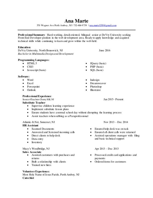 Front End Developer Resume