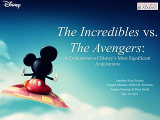 The Incredibles vs.
The Avengers:
A Comparison of Disney’s Most Significant
Acquisitions
Stanford Final Project
Vaisakh Shankar, GSB Erik Teensma,
Angelo Ocampo & Dani Smith
July 12, 2016
 
