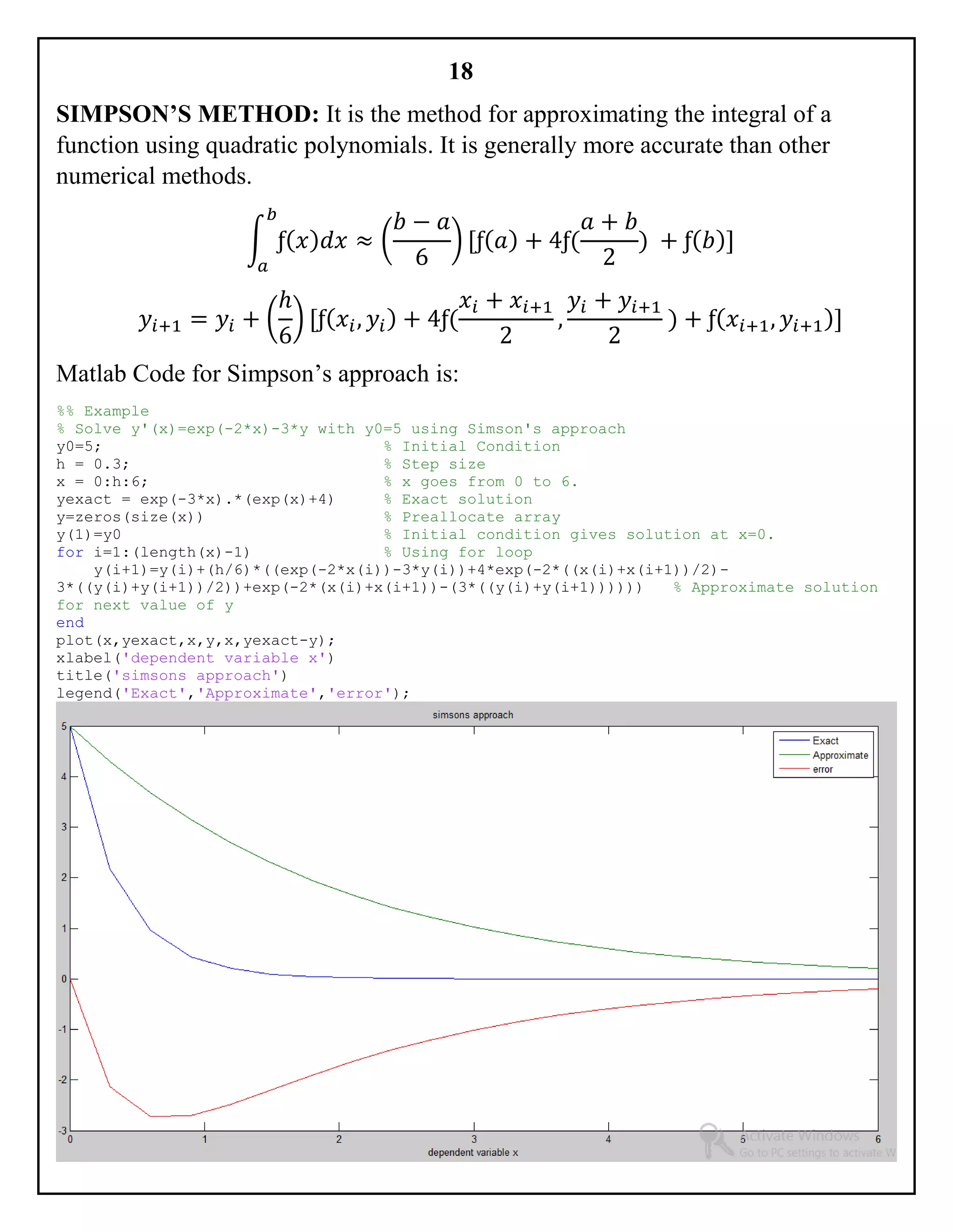 18
SIMPSON’S METHOD: It is the method for approximating the integral of a
function using quadratic polynomials. It is generally more accurate than other
numerical methods.
∫ ƒ( 𝑥) 𝑑𝑥
𝑏
𝑎
≈ (
𝑏 − 𝑎
6
) [ƒ( 𝑎) + 4ƒ(
𝑎 + 𝑏
2
) + ƒ( 𝑏)]
𝑦𝑖+1 = 𝑦𝑖 + (
ℎ
6
) [ƒ( 𝑥𝑖, 𝑦𝑖) + 4ƒ(
𝑥𝑖 + 𝑥𝑖+1
2
,
𝑦𝑖 + 𝑦𝑖+1
2
) + ƒ( 𝑥𝑖+1, 𝑦𝑖+1)]
Matlab Code for Simpson’s approach is:
%% Example
% Solve y'(x)=exp(-2*x)-3*y with y0=5 using Simson's approach
y0=5; % Initial Condition
h = 0.3; % Step size
x = 0:h:6; % x goes from 0 to 6.
yexact = exp(-3*x).*(exp(x)+4) % Exact solution
y=zeros(size(x)) % Preallocate array
y(1)=y0 % Initial condition gives solution at x=0.
for i=1:(length(x)-1) % Using for loop
y(i+1)=y(i)+(h/6)*((exp(-2*x(i))-3*y(i))+4*exp(-2*((x(i)+x(i+1))/2)-
3*((y(i)+y(i+1))/2))+exp(-2*(x(i)+x(i+1))-(3*((y(i)+y(i+1)))))) % Approximate solution
for next value of y
end
plot(x,yexact,x,y,x,yexact-y);
xlabel('dependent variable x')
title('simsons approach')
legend('Exact','Approximate','error');
 