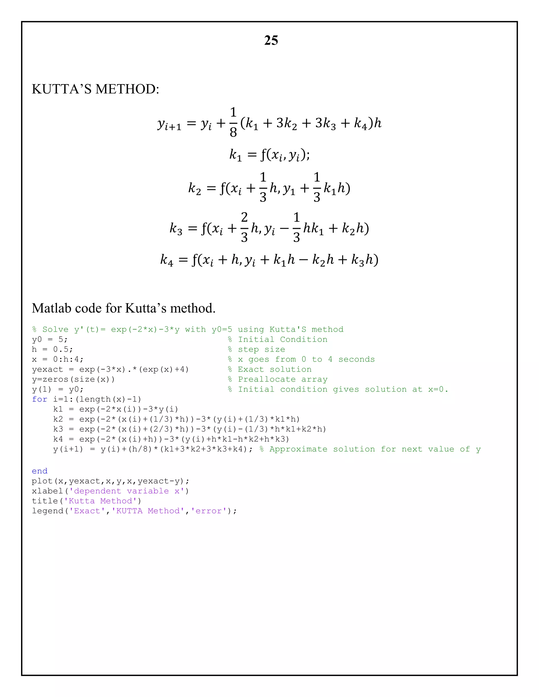25
KUTTA’S METHOD:
𝑦𝑖+1 = 𝑦𝑖 +
1
8
( 𝑘1 + 3𝑘2 + 3𝑘3 + 𝑘4)ℎ
𝑘1 = ƒ( 𝑥𝑖, 𝑦𝑖);
𝑘2 = ƒ(𝑥𝑖 +
1
3
ℎ, 𝑦1 +
1
3
𝑘1ℎ)
𝑘3 = ƒ(𝑥𝑖 +
2
3
ℎ, 𝑦𝑖 −
1
3
ℎ𝑘1 + 𝑘2ℎ)
𝑘4 = ƒ(𝑥𝑖 + ℎ, 𝑦𝑖 + 𝑘1ℎ − 𝑘2ℎ + 𝑘3ℎ)
Matlab code for Kutta’s method.
% Solve y'(t)= exp(-2*x)-3*y with y0=5 using Kutta'S method
y0 = 5; % Initial Condition
h = 0.5; % step size
x = 0:h:4; % x goes from 0 to 4 seconds
yexact = exp(-3*x).*(exp(x)+4) % Exact solution
y=zeros(size(x)) % Preallocate array
y(1) = y0; % Initial condition gives solution at x=0.
for i=1:(length(x)-1)
k1 = exp(-2*x(i))-3*y(i)
k2 = exp(-2*(x(i)+(1/3)*h))-3*(y(i)+(1/3)*k1*h)
k3 = exp(-2*(x(i)+(2/3)*h))-3*(y(i)-(1/3)*h*k1+k2*h)
k4 = exp(-2*(x(i)+h))-3*(y(i)+h*k1-h*k2+h*k3)
y(i+1) = y(i)+(h/8)*(k1+3*k2+3*k3+k4); % Approximate solution for next value of y
end
plot(x,yexact,x,y,x,yexact-y);
xlabel('dependent variable x')
title('Kutta Method')
legend('Exact','KUTTA Method','error');
 