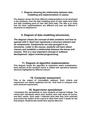 1. Diagram showing the relationship between data
modelling and implementation (3 cases).
The diagram shows the three different implementations to be developed
in the problems, from the data modelling point of view (right hand side)
and data modelling point of view (left hand side). The idea is to show
how the three implementations are different and how use different C
structures to implement it.
8. Diagram of data modelling (structures).
The diagram shows the concept of data container and how to
operate with it. Each box represents a structure element and
its components. Components are also grouped in su-
structures. Latter in the course, students will learn about
classes and establish a relationship between the boxes and
classes. This is a very important concept in software
development: object oriented programming.
11. Diagram of algorithm implementation
This diagram shows the algorithm to implement matrix multiplication.
Each element of the resultant matrix is related with operations between
elements highlighted by different colours.
18. Computer assessment
This is the output of CourseMark software. Each criteria and
requirement are clearly explained and the final mark is compose from
each achieved requirement.
30. Supervision spreadsheet
I developed this spreadsheet to mark students at Imperial College. The
central part represents where each student were seat along all course,
and their names. Each week I collected what task they have achieved
and control the rhythm of the course to allow them have 3 weeks for the
final project. Students late would have special attencion.
 