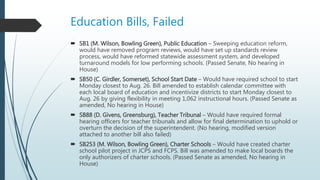 Education Bills, Failed
 SB1 (M. Wilson, Bowling Green), Public Education – Sweeping education reform,
would have removed program reviews, would have set up standards review
process, would have reformed statewide assessment system, and developed
turnaround models for low performing schools. (Passed Senate, No hearing in
House)
 SB50 (C. Girdler, Somerset), School Start Date – Would have required school to start
Monday closest to Aug. 26. Bill amended to establish calendar committee with
each local board of education and incentivize districts to start Monday closest to
Aug. 26 by giving flexibility in meeting 1,062 instructional hours. (Passed Senate as
amended, No hearing in House)
 SB88 (D. Givens, Greensburg), Teacher Tribunal – Would have required formal
hearing officers for teacher tribunals and allow for final determination to uphold or
overturn the decision of the superintendent. (No hearing, modified version
attached to another bill also failed)
 SB253 (M. Wilson, Bowling Green), Charter Schools – Would have created charter
school pilot project in JCPS and FCPS. Bill was amended to make local boards the
only authorizers of charter schools. (Passed Senate as amended, No hearing in
House)
 