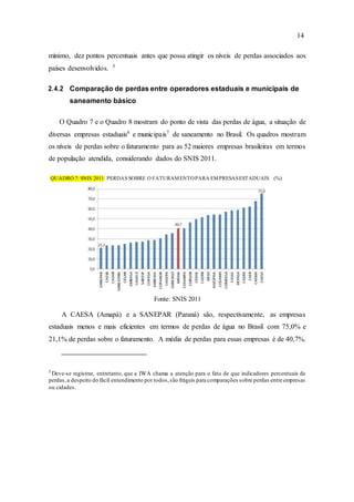 14
mínimo, dez pontos percentuais antes que possa atingir os níveis de perdas associados aos
países desenvolvidos. 5
2.4.2 Comparação de perdas entre operadores estaduais e municipais de
saneamento básico
O Quadro 7 e o Quadro 8 mostram do ponto de vista das perdas de água, a situação de
diversas empresas estaduais6
e municipais7
de saneamento no Brasil. Os quadros mostram
os níveis de perdas sobre o faturamento para as 52 maiores empresas brasileiras em termos
de população atendida, considerando dados do SNIS 2011.
QUADRO 7: SNIS 2011: PERDAS SOBRE O FATURAMENTOPARA EMPRESASESTADUAIS (%)
Fonte: SNIS 2011
A CAESA (Amapá) e a SANEPAR (Paraná) são, respectivamente, as empresas
estaduais menos e mais eficientes em termos de perdas de água no Brasil com 75,0% e
21,1% de perdas sobre o faturamento. A média de perdas para essas empresas é de 40,7%.
5
Deve-se registrar, entretanto, que a IWA chama a atenção para o fato de que indicadores percentuais de
perdas,a despeito do fácil entendimento por todos,são frágeis para comparações sobre perdas entre empresas
ou cidades.
 