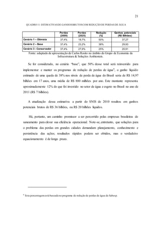 21
QUADRO 11: ESTIMATIVASDE GANHOSBRUTOSCOM REDUÇÃO DE PERDAS DE ÁGUA
Perdas
(2009)
Perdas
(2025)
Redução
(%)
Ganhos potenciais
(R$ Bilhões)
Cenário 1 – Otimista 37,4% 18,7% 50% 37,27
Cenário 2 – Base 37,4% 23,2% 38% 29,93
Cenário 3 - Conservador 37,4% 27,9% 25% 20,91
Fonte: adaptado de apresentação de Carlos Rosito no âmbito do Grupo de Economia da
Infraestrutura & Soluções Ambientais.
Se for considerado, no cenário “base”, que 50% desse total será reinvestido para
implementar e manter os programas de redução de perdas de água9
, o ganho líquido
estimado de uma queda de 38% nos níveis de perda de água do Brasil seria de R$ 14,97
bilhões em 17 anos, uma média de R$ 880 milhões por ano. Este montante representa
aproximadamente 12% do que foi investido no setor de água e esgoto no Brasil no ano de
2011 (R$ 7 bilhões).
A atualização dessa estimativa a partir do SNIS de 2010 resultou em ganhos
potenciais brutos de R$ 36 bilhões, ou R$ 20 bilhões líquidos.
Há, portanto, um caminho promissor a ser percorrido pelas empresas brasileiras de
saneamento para elevar sua eficiência operacional. Note-se, entretanto, que soluções para
o problema das perdas em grandes cidades demandam planejamento, conhecimento e
persistência das ações; resultados rápidos podem ser obtidos, mas o verdadeiro
equacionamento é de longo prazo.
9
Esta porcentagemestá baseada no programa de redução de perdas de água da Sabesp.
 
