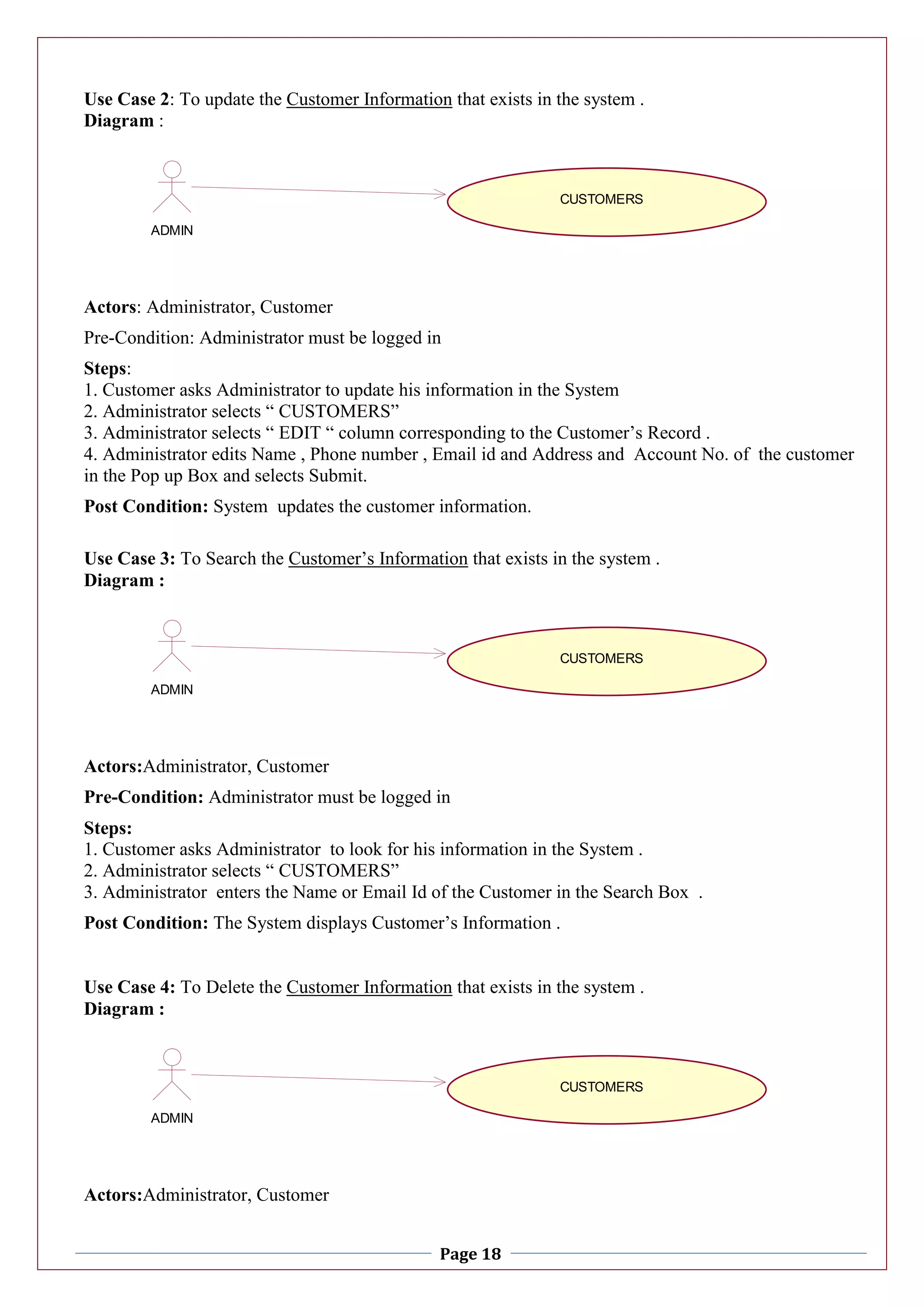 Page 18
Use Case 2: To update the Customer Information that exists in the system .
Diagram :
Actors: Administrator, Customer
Pre-Condition: Administrator must be logged in
Steps:
1. Customer asks Administrator to update his information in the System
2. Administrator selects “ CUSTOMERS”
3. Administrator selects “ EDIT “ column corresponding to the Customer’s Record .
4. Administrator edits Name , Phone number , Email id and Address and Account No. of the customer
in the Pop up Box and selects Submit.
Post Condition: System updates the customer information.
Use Case 3: To Search the Customer’s Information that exists in the system .
Diagram :
Actors:Administrator, Customer
Pre-Condition: Administrator must be logged in
Steps:
1. Customer asks Administrator to look for his information in the System .
2. Administrator selects “ CUSTOMERS”
3. Administrator enters the Name or Email Id of the Customer in the Search Box .
Post Condition: The System displays Customer’s Information .
Use Case 4: To Delete the Customer Information that exists in the system .
Diagram :
Actors:Administrator, Customer
ADMIN
CUSTOMERS
ADMIN
CUSTOMERS
ADMIN
CUSTOMERS
 