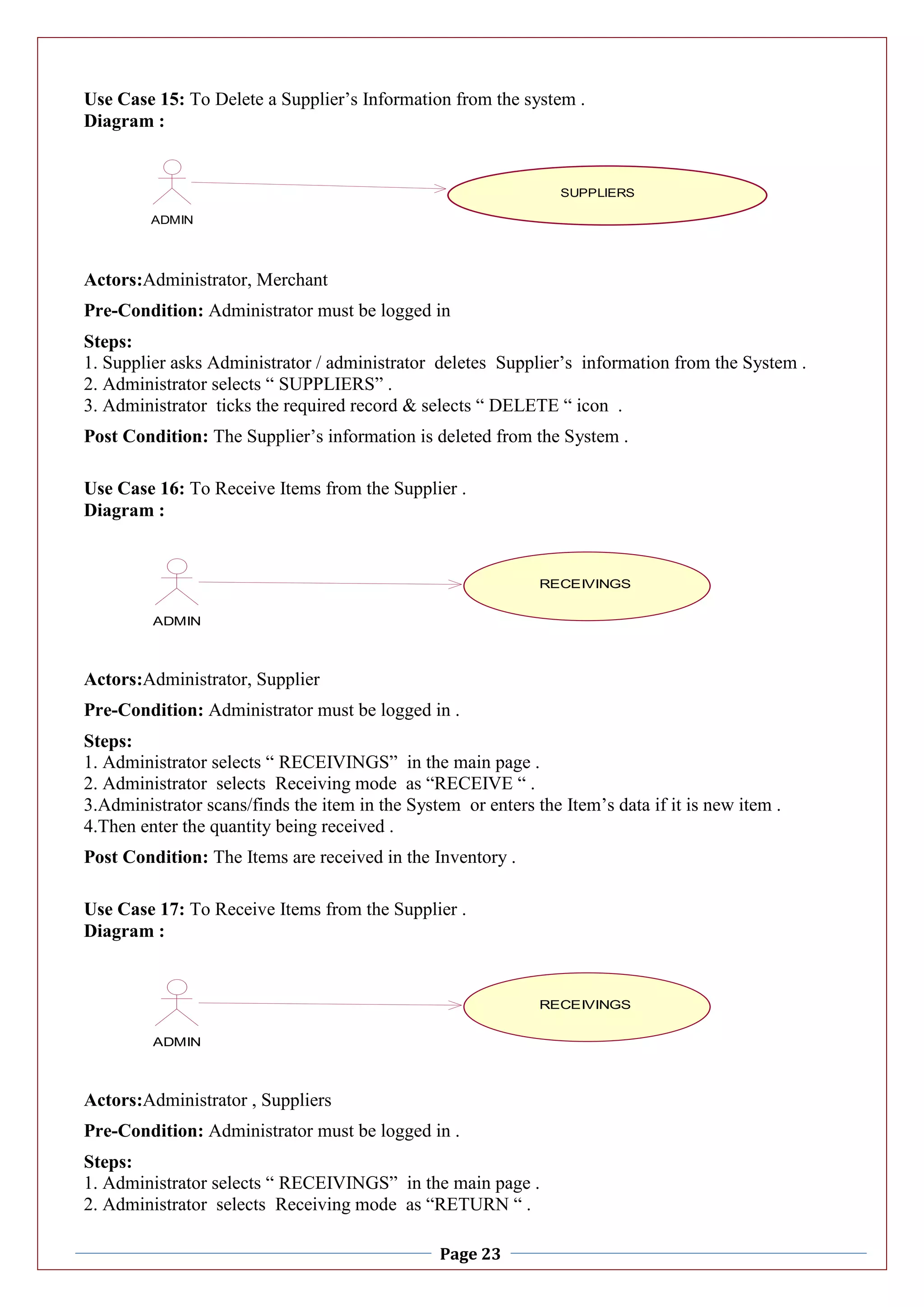 Page 23
Use Case 15: To Delete a Supplier’s Information from the system .
Diagram :
Actors:Administrator, Merchant
Pre-Condition: Administrator must be logged in
Steps:
1. Supplier asks Administrator / administrator deletes Supplier’s information from the System .
2. Administrator selects “ SUPPLIERS” .
3. Administrator ticks the required record & selects “ DELETE “ icon .
Post Condition: The Supplier’s information is deleted from the System .
Use Case 16: To Receive Items from the Supplier .
Diagram :
Actors:Administrator, Supplier
Pre-Condition: Administrator must be logged in .
Steps:
1. Administrator selects “ RECEIVINGS” in the main page .
2. Administrator selects Receiving mode as “RECEIVE “ .
3.Administrator scans/finds the item in the System or enters the Item’s data if it is new item .
4.Then enter the quantity being received .
Post Condition: The Items are received in the Inventory .
Use Case 17: To Receive Items from the Supplier .
Diagram :
Actors:Administrator , Suppliers
Pre-Condition: Administrator must be logged in .
Steps:
1. Administrator selects “ RECEIVINGS” in the main page .
2. Administrator selects Receiving mode as “RETURN “ .
ADMIN
SUPPLIERS
ITEMS
ADMIN
RECEIVINGS
ITEMS
ADMIN
RECEIVINGS
 