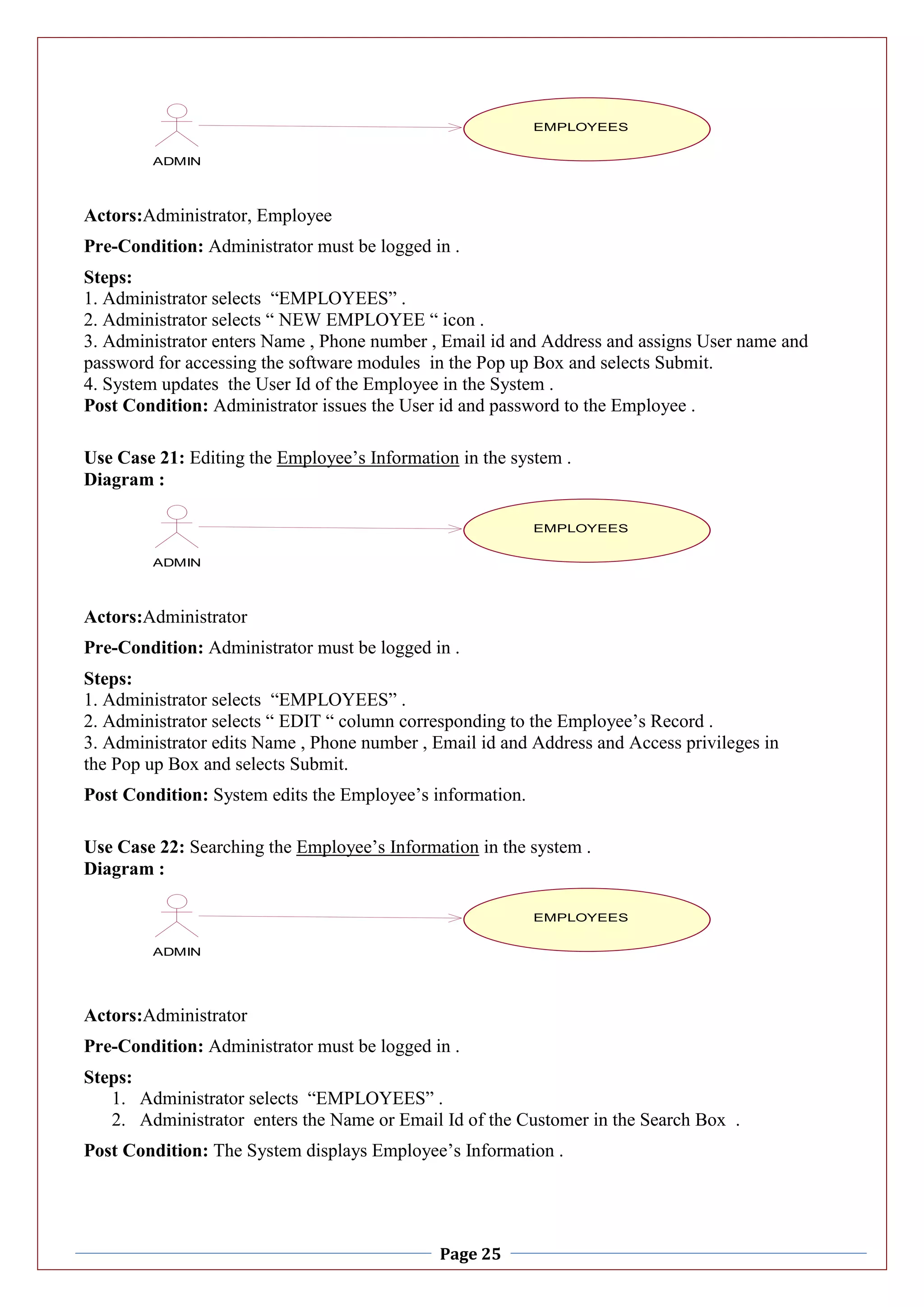 Page 25
Actors:Administrator, Employee
Pre-Condition: Administrator must be logged in .
Steps:
1. Administrator selects “EMPLOYEES” .
2. Administrator selects “ NEW EMPLOYEE “ icon .
3. Administrator enters Name , Phone number , Email id and Address and assigns User name and
password for accessing the software modules in the Pop up Box and selects Submit.
4. System updates the User Id of the Employee in the System .
Post Condition: Administrator issues the User id and password to the Employee .
Use Case 21: Editing the Employee’s Information in the system .
Diagram :
Actors:Administrator
Pre-Condition: Administrator must be logged in .
Steps:
1. Administrator selects “EMPLOYEES” .
2. Administrator selects “ EDIT “ column corresponding to the Employee’s Record .
3. Administrator edits Name , Phone number , Email id and Address and Access privileges in
the Pop up Box and selects Submit.
Post Condition: System edits the Employee’s information.
Use Case 22: Searching the Employee’s Information in the system .
Diagram :
Actors:Administrator
Pre-Condition: Administrator must be logged in .
Steps:
1. Administrator selects “EMPLOYEES” .
2. Administrator enters the Name or Email Id of the Customer in the Search Box .
Post Condition: The System displays Employee’s Information .
ITEMS
ADMIN
EMPLOYEES
ITEMS
ADMIN
EMPLOYEES
ITEMS
ADMIN
EMPLOYEES
 