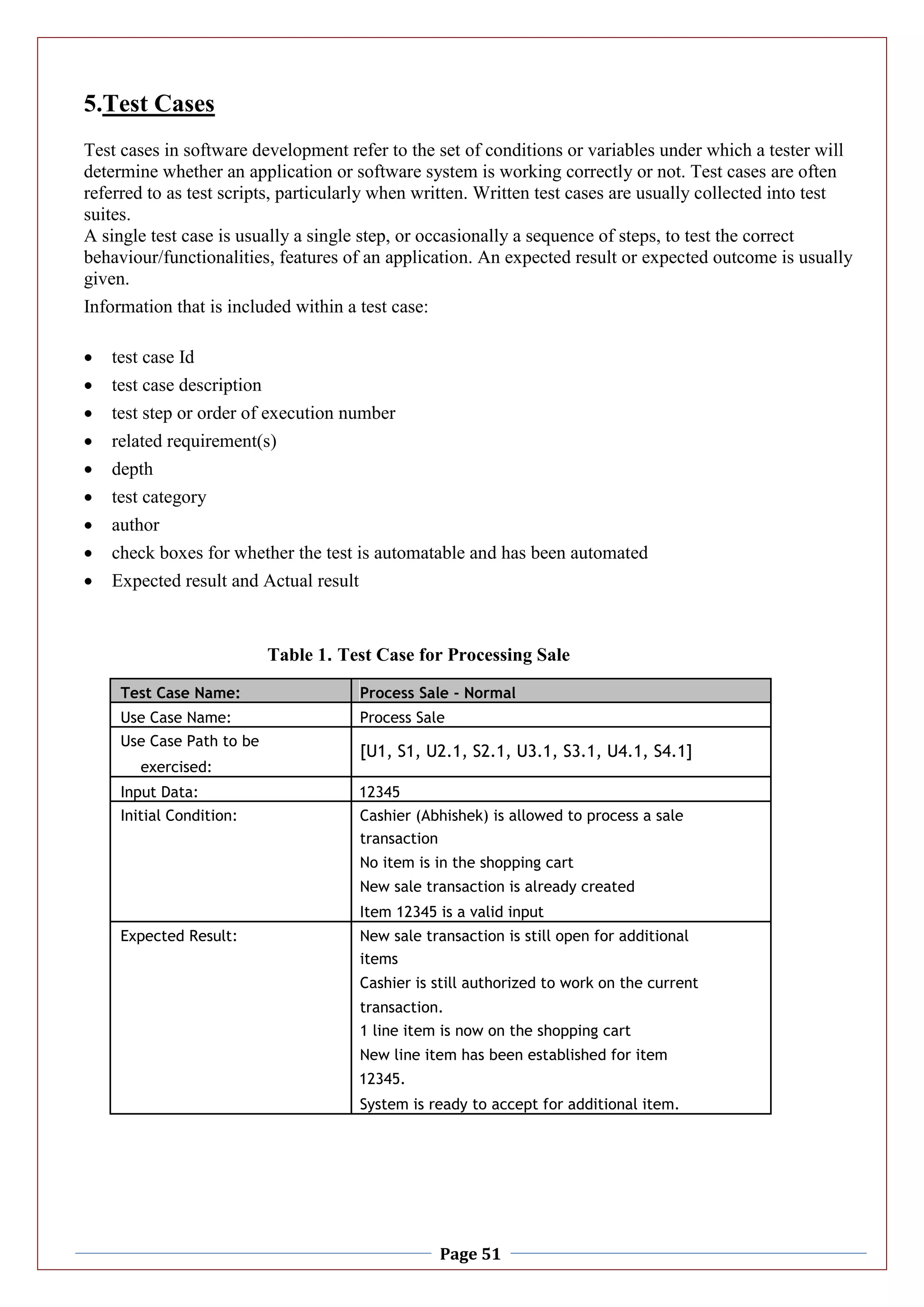 Page 51
5.Test Cases
Test cases in software development refer to the set of conditions or variables under which a tester will
determine whether an application or software system is working correctly or not. Test cases are often
referred to as test scripts, particularly when written. Written test cases are usually collected into test
suites.
A single test case is usually a single step, or occasionally a sequence of steps, to test the correct
behaviour/functionalities, features of an application. An expected result or expected outcome is usually
given.
Information that is included within a test case:
 test case Id
 test case description
 test step or order of execution number
 related requirement(s)
 depth
 test category
 author
 check boxes for whether the test is automatable and has been automated
 Expected result and Actual result
Table 1. Test Case for Processing Sale
Test Case Name: Process Sale - Normal
Use Case Name: Process Sale
Use Case Path to be
[U1, S1, U2.1, S2.1, U3.1, S3.1, U4.1, S4.1]
exercised:
Input Data: 12345
Initial Condition: Cashier (Abhishek) is allowed to process a sale
transaction
No item is in the shopping cart
New sale transaction is already created
Item 12345 is a valid input
Expected Result: New sale transaction is still open for additional
items
Cashier is still authorized to work on the current
transaction.
1 line item is now on the shopping cart
New line item has been established for item
12345.
System is ready to accept for additional item.
 