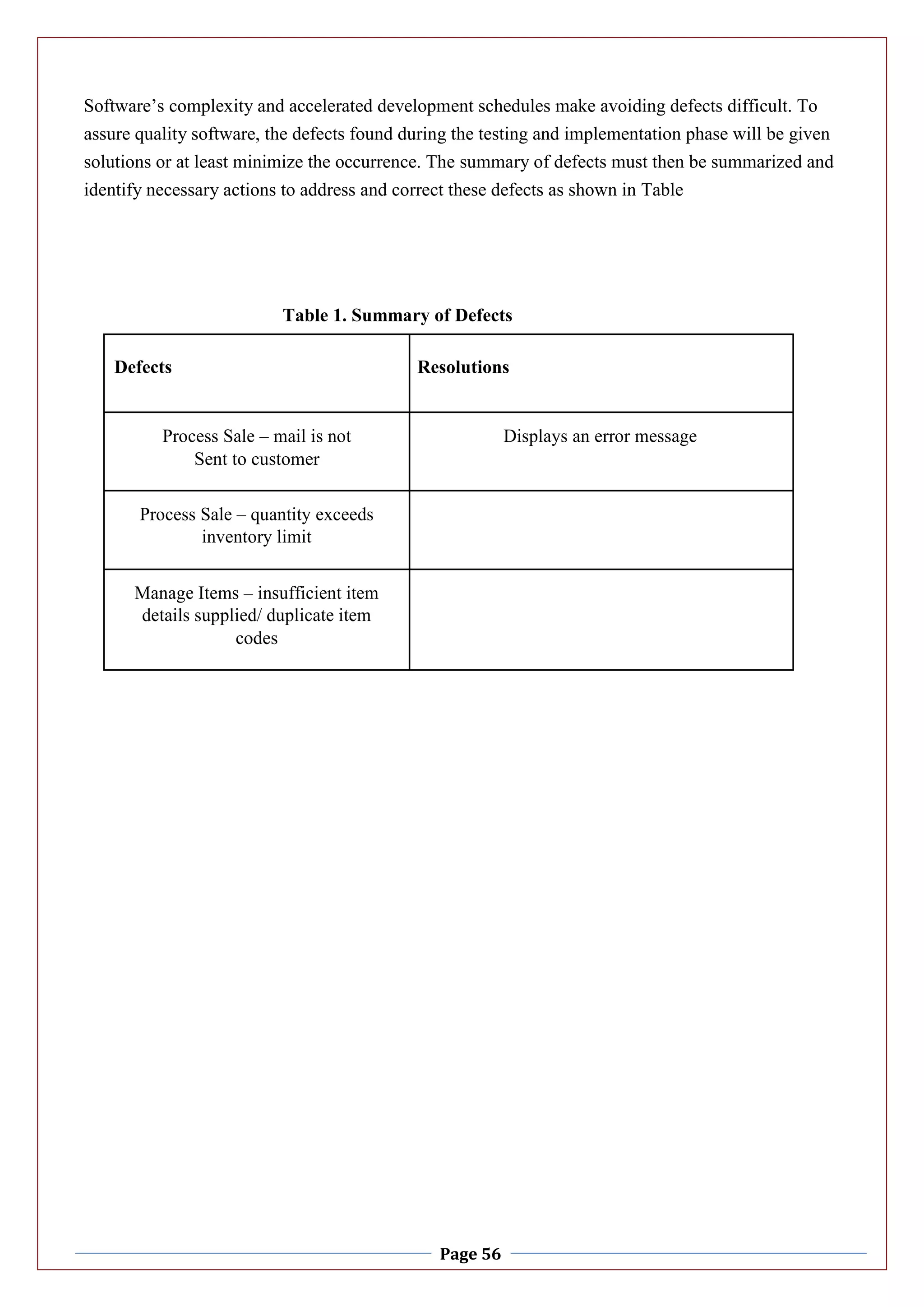 Page 56
Software’s complexity and accelerated development schedules make avoiding defects difficult. To
assure quality software, the defects found during the testing and implementation phase will be given
solutions or at least minimize the occurrence. The summary of defects must then be summarized and
identify necessary actions to address and correct these defects as shown in Table
Table 1. Summary of Defects
Defects Resolutions
Process Sale – mail is not Displays an error message
Sent to customer
Process Sale – quantity exceeds
inventory limit
Manage Items – insufficient item
details supplied/ duplicate item
codes
 