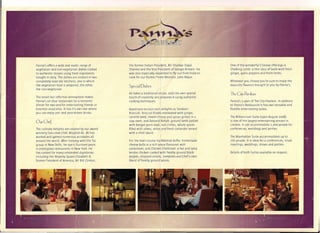 Panna's offers a wide and exotic range of
vegetarian and non-vegetarian dishes cooked
to authentic recipes using fresh ingredients
bought in daily. The dishes are created in two
completely separate kitchens; one in which
the vegetarian food is prepared; the other,
the non-vegeta ria n.
the former Indian President, Mr Shankar Dayal
Sharma and the Vice Prksident of Giorgio Armani. He
was also especia lly requested to fly out from India to
cook for our former Prime Minister, John Major.
One of the wonderful Chinese offerings is
Shaiking Lamb: a thin slice of lamb with fresh
ginger, garlic peppers and fresh herbs.
Specidl Dishes
Whatever you choose you're sure to enjoy the
exquisite flavours brought to you by Panna's.
The smart but informal atmosphere makes
Panna's an ideal restaurant for a romantic
dinner for two and for entertaining friends or
business associates. It has it's own bar where
you can enjoy pre- and post-dinner drinks.
Ali takes a traditional recipe, adds his own special
touch of creativity and prepares it using authentic
cooking techniques. I
The City Pdvilion
Our Chef
Appetisers include such delights as Tandoori
Broccoli: broccoli florets marinated with ginger,
carome seed, cream cheese and spices grilled in a
clay oven; and Zaitooni Kebab: ground lamb patties
with bengal gram daal, red chillies, whole spices
filled with olives, onion and fresh coriander served
with a mint sauce.
Panna's is part ofThe City Pavilion. In addition
to Panna's Restaurant it has two versatile and
flexible entertaining suites.
The culinary delights are created by our award
winning Executive Chef, Mojahid Ali. Ali has
worked and gained numerous accolades all
around the world. After training with the Taj
group in New Delhi, he spent fourteen years
in prestigious restaurants in New York. He
has cooked for many celebrated dignitaries
including Her Majesty Queen Elizabeth 11,
former President of America, Mr Bill Clinton,
The Millennium Suite (open August 2008)
is one of the largest entertaining venues in
London. It can accommodate 1,000 people for
conferences, weddings and parties.
For the main course try Malmali Kofta: home made
cheese balls in a rich sauce flavoured with
cardamom; and Chicken Chettinad: a hot and spicy
tender chicken cooked with freshly ground black
pepper, chopped onions, tomatoes and Chef's own
blend of freshly ground spices.
The Manhattan Suite accommodates up to
270 people. It is ideal for a conferences, small
meetings, weddings, shows and parties.
Details of both Suites available on request.
 