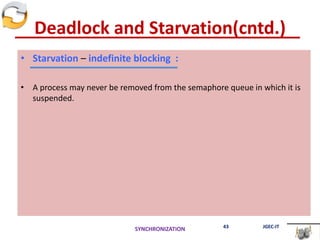 Deadlock and Starvation(cntd.)
• Starvation – indefinite blocking :
• A process may never be removed from the semaphore queue in which it is
suspended.
SYNCHRONIZATION 43 JGEC-IT
 