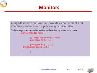 Monitors
SYNCHRONIZATION 51 JGEC-IT
A high-level abstraction that provides a convenient and
effective mechanism for process synchronization
Only one process may be active within the monitor at a time
monitor monitor-name
// shared variable declarations
procedure P1 (…) { …. }
…
procedure Pn (…) {……}
Initialization code ( ….) { … }
…
}
}
 