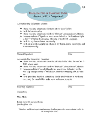   28	
  
Discipline Plan & Classroom Rules
Accountability Component
Accountability Statement: Student
v I have read and understand the rules of our class/family.
v I will follow the rules.
v I have read and understand the Four Steps of Consequences/Offenses.
v I understand that if I perform an extreme behavior, I will skip straight
to the 4th
Offense: Conference Meeting or Call with Guardian.
v I will do my best to honor the family.
v I will set a good example for others in my home, in my classroom, and
in my community.
______________________ _______________
Student Signature Date
Accountability Statement: Guardian
v I have read and understand the rules of Miss Mills’ class for the 2017-
2018 school year.
v I have read and understand the Four Steps of Consequences/Offenses.
v I understand that if my child performs an extreme behavior, he/she
will skip straight to the 4th
Offense: Conference Meeting or Call with
me.
v I will provide a positive, supportive family environment in my home
every day for my child to wake up to and come home to.
________________________ _______________
Guardian Signature Date
Thank you,
Miss Mills
Email me with any questions:
jnmills@bsu.edu
*Brochure and letter to parents discussing the classroom rules are mentioned earlier in
the management plan*
 