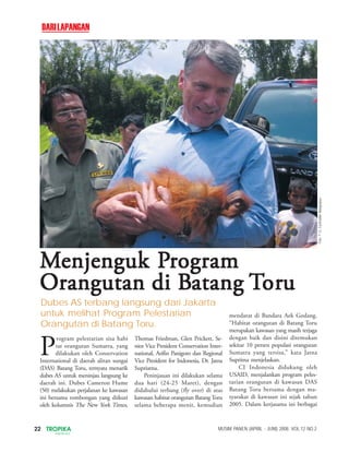 22 TROPIKA
INDONESIA
MUSIM PANEN (APRIL - JUNI) 2008. VOL.12 NO.2
DARILAPANGAN
P
rogram pelestarian sisa habi
tat orangutan Sumatra, yang
dilakukan oleh Conservation
International di daerah aliran sungai
(DAS) Batang Toru, ternyata menarik
dubes AS untuk meninjau langsung ke
daerah ini. Dubes Cameron Hume
(50) melakukan perjalanan ke kawasan
ini bersama rombongan yang diikuti
oleh kolumnis The New York Times,
Thomas Friedman, Glen Prickett, Se-
nior Vice President Conservation Inter-
national, Arifin Panigoro dan Regional
Vice President for Indonesia, Dr. Jatna
Supriatna.
Peninjauan ini dilakukan selama
dua hari (24-25 Maret), dengan
didahului terbang (fly over) di atas
kawasan habitat orangutan Batang Toru
selama beberapa menit, kemudian
mendarat di Bandara Aek Godang.
“Habitat orangutan di Batang Toru
merupakan kawasan yang masih terjaga
dengan baik dan disini ditemukan
sekitar 10 persen populasi orangutan
Sumatra yang tersisa,” kata Jatna
Supritna menjelaskan.
CI Indonesia didukung oleh
USAID, menjalankan program peles-
tarian orangutan di kawasan DAS
Batang Toru bersama dengan ma-
syarakat di kawasan ini sejak tahun
2005. Dalam kerjasama ini berbagai
Dubes AS terbang langsung dari Jakarta
untuk melihat Program Pelestarian
Orangutan di Batang Toru.
MMMMMenjenguk Penjenguk Penjenguk Penjenguk Penjenguk Prrrrrogramogramogramogramogram
OOOOOrangutan di Brangutan di Brangutan di Brangutan di Brangutan di Batangatangatangatangatang TTTTTorororororuuuuu
Foto:©CI,FachruddinMangunjaya
 