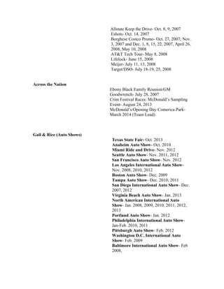Allstate Keep the Drive- Oct. 8, 9, 2007
Eshots- Oct. 14, 2007
Borghese Costco Promo- Oct. 27, 2007; Nov.
3, 2007 and Dec. 1, 8, 15, 22, 2007, April 26,
2008, May 10, 2008
AT&T Tech Tour- May 8, 2008
Lifelock- June 15, 2008
Meijer- July 11, 13, 2008
Target/DSO- July 18-19, 25, 2008
Across the Nation
Ebony Black Family Reunion/GM
Goodwrench- July 28, 2007
Crim Festival Races: McDonald’s Sampling
Event- August 24, 2013
McDonald’s/Opening Day Comerica Park-
March 2014 (Team Lead)
Gail & Rice (Auto Shows)
Texas State Fair- Oct. 2013
Anaheim Auto Show- Oct. 2010
Miami Ride and Drive- Nov. 2012
Seattle Auto Show- Nov. 2011, 2012
San Francisco Auto Show- Nov. 2012
Los Angeles International Auto Show-
Nov. 2008, 2010, 2012
Boston Auto Show- Dec. 2009
Tampa Auto Show- Dec. 2010, 2011
San Diego International Auto Show- Dec.
2007, 2012
Virginia Beach Auto Show- Jan. 2013
North American International Auto
Show- Jan. 2008, 2009, 2010, 2011, 2012,
2013
Portland Auto Show- Jan. 2012
Philadelphia International Auto Show-
Jan-Feb. 2010, 2011
Pittsburgh Auto Show- Feb. 2012
Washington D.C. International Auto
Show- Feb. 2009
Baltimore International Auto Show- Feb
2008,
 