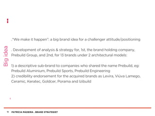 PATRICIA MADEIRA . BRAND STRATEGIST
.“We make it happen”: a big brand idea for a challenger attitude/positioning
. Development of analysis & strategy for, 1st, the brand holding company,
Prebuild Group, and 2nd, for 13 brands under 2 architectural models:
1) a descriptive sub-brand to companies who shared the name Prebuild, eg:
Prebuild Aluminium, Prebuild Sports, Prebuild Engineering
2) credibility endorsement for the acquired brands as Levira, Viúva Lamego,
Ceramic, Keratec, Goldcer, Porama and Izibuild
11
Bigidea
 