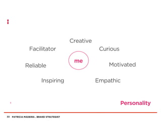 PATRICIA MADEIRA . BRAND STRATEGIST
Personality
30
Motivated
Empathic
Reliable
Inspiring
Creative
CuriousFacilitator
me
 