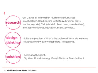 PATRICIA MADEIRA . BRAND STRATEGIST
Go! Gather all information - Listen (client, market,
stakeholders), Read (business strategy, briefing, press,
studies, reports), Talk (debrief, client, team, stakeholders),
Interact (workshops, education, brainstormings).
4
Solve the problem - What’s the problem? What do we want
to achieve? How can we get there? Processing...
Getting to the point.
Big idea . Brand strategy. Brand Platform. Brand roll-out.
research
design
thinking
solution
 