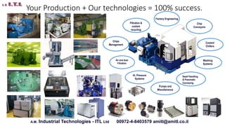 Your Production + Our technologies = 100% success.
00972-4-8403579 amitl@amitl.co.ilA.M. Industrial Technologies - ITL Ltd
Air and dust
Filtration
Chips
Management
Coolant
Chillers
Chip
Conveyors
Swarf Handling
& Pneumatic
Conveying.
Washing
Systems
Hi. Pressure
Systems
Factory Engineering.
Filtration &
coolant
recycling
Pumps and
Miscellaneous
 