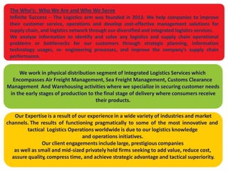 We work in physical distribution segment of Integrated Logistics Services which
Encompasses Air Freight Management, Sea Freight Management, Customs Clearance
Management And Warehousing activities where we specialize in securing customer needs
in the early stages of production to the final stage of delivery where consumers receive
their products.
Our Expertise is a result of our experience in a wide variety of industries and market
channels. The results of functioning pragmatically to some of the most innovative and
tactical Logistics Operations worldwide is due to our logistics knowledge
and operations initiatives.
Our client engagements include large, prestigious companies
as well as small and mid-sized privately held firms seeking to add value, reduce cost,
assure quality, compress time, and achieve strategic advantage and tactical superiority.
The Who’s: Who We Are and Who We Serve
Infinite Success – The Logistics arm was founded in 2013. We help companies to improve
their customer service, operations and develop cost-effective management solutions for
supply chain, and logistics network through our diversified and integrated logistics services.
We analyze information to identify and solve any logistics and supply chain operational
problems or bottlenecks for our customers through strategic planning, information
technology usages, re- engineering processes, and improve the company's supply chain
performance.
 