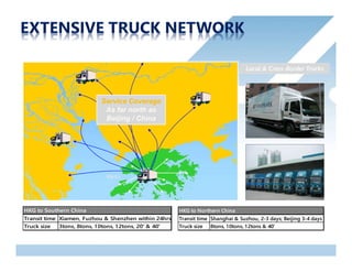 HIT
HKIA
Service Coverage
As far north as
Beijing / China
Local & Cross-Border Trucks
HKG to Southern China
Transit time Xiamen, Fuzhou & Shenzhen within 24hrs
Truck size 3tons, 8tons, 10tons, 12tons, 20' & 40'
HKG to Northern China
Transit time Shanghai & Suzhou, 2-3 days; Beijing 3-4 days
Truck size 8tons, 10tons, 12tons & 40'
 
