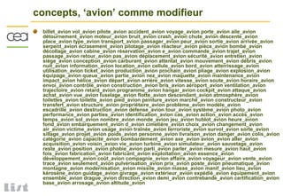 37DTSI / Service Cognitique Robotique et Interaction
concepts, ‘avion’ comme modifieur
billet_avion vol_avion pilote_avion accident_avion voyage_avion porte_avion aile_avion
détournement_avion moteur_avion bruit_avion crash_avion chute_avion descente_avion
place_avion type_avion transport_avion passager_avion peur_avion sortie_avion arrivée_avion
serpent_avion écrasement_avion pilotage_avion réacteur_avion pièce_avion bombe_avion
décollage_avion cabine_avion réservation_avion e_avion commande_avion trajet_avion
passage_avion retour_avion pas_avion déplacement_avion sécurité_avion entretien_avion
siège_avion conception_avion carburant_avion attentat_avion mouvement_avion débris_avion
nuit_avion information_avion location_avion cellule_avion bord_avion atterrissage_avion
utilisation_avion ticket_avion production_avion prochain_avion pliage_avion explosion_avion
équipage_avion queue_avion partie_avion nez_avion maquette_avion maintenance_avion
impact_avion hélice_avion départ_avion arrière_avion vitesse_avion soute_avion horaire_avion
envoi_avion contrôle_avion construction_avion bris_avion aéroport_avion ventilation_avion
trajectoire_avion retard_avion programme_avion hangar_avion cockpit_avion attaque_avion
achat_avion vue_avion fuselage_avion flotte_avion descendant_avion atmosphère_avion
toilettes_avion toilette_avion pied_avion peinture_avion marché_avion constructeur_avion
transfert_avion structure_avion propriétaire_avion problème_avion modèle_avion
escadrille_avion destruction_avion défense_avion tour_avion système_avion photo_avion
performance_avion parties_avion identification_avion cas_avion action_avion accès_avion
temps_avion sol_avion nombre_avion monde_avion jeu_avion hublot_avion heure_avion
fond_avion embarquement_avion d_avion cimetière_avion choix_avion changement_avion
air_avion victime_avion usage_avion traînée_avion terroriste_avion survol_avion sorte_avion
sillage_avion projet_avion poids_avion personne_avion livraison_avion danger_avion colis_avion
catégorie_avion capacité_avion bombardement_avion axe_avion avion_avion aller_avion
acquisition_avion voisin_avion vie_avion turbine_avion simulateur_avion sauvetage_avion
reste_avion position_avion phobie_avion parti_avion parler_avion mesure_avion haut_avion
fois_avion fabrication_avion fabricant_avion exploitation_avion essence_avion
développement_avion coût_avion compagnie_avion affaire_avion voyageur_avion vente_avion
trace_avion seulement_avion pulvérisation_avion prix_avion poste_avion pneumatique_avion
montagne_avion modernisation_avion missile_avion masse_avion manif_avion lieu_avion
kérosène_avion guidage_avion givrage_avion extérieur_avion expédié_avion équipement_avion
ensemble_avion drague_avion direction_avion demi_avion contrebande_avion certification_avion
base_avion arrosage_avion altitude_avion
 