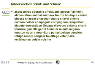 60DTSI / Service Cognitique Robotique et Interaction
Inteersection ‘chat’ and ‘chien’
accessoires adorable affectueux agressif aliment
alimentation animal animaux bouffe boutique canine
chasse chasser chasseur chatte cheval chiens
cochon collier compagnie compagnon croquettes
diabète domestique élevage éleveurs enfants errant
fourrure gamelle gentil hamster miaule mignon
mouton nourrir nourriture pattes pelage pension
refuge renard sanglier toilettage vétérinaire
vétérinaires voisin voisine
 