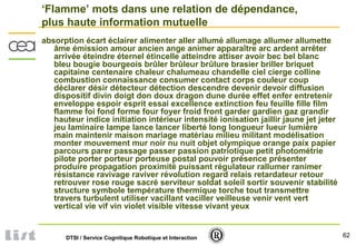 62DTSI / Service Cognitique Robotique et Interaction
‘Flamme’ mots dans une relation de dépendance,
plus haute information mutuelle
absorption écart éclairer alimenter aller allumé allumage allumer allumette
âme émission amour ancien ange animer apparaître arc ardent arrêter
arrivée éteindre éternel étincelle atteindre attiser avoir bec bel blanc
bleu bougie bourgeois brûler brûleur brûlure brasier briller briquet
capitaine centenaire chaleur chalumeau chandelle ciel cierge colline
combustion connaissance consumer contact corps couleur coup
déclarer désir détecteur détection descendre devenir devoir diffusion
dispositif divin doigt don doux dragon dune durée effet enfer entretenir
enveloppe espoir esprit essai excellence extinction feu feuille fille film
flamme foi fond forme four foyer froid front garder gardien gaz grandir
hauteur indice initiation intérieur intensité ionisation jaillir jaune jet jeter
jeu laminaire lampe lance lancer liberté long longueur lueur lumière
main maintenir maison mariage matériau milieu militant modélisation
monter mouvement mur noir nu nuit objet olympique orange paix papier
parcours parer passage passer passion patriotique petit photométrie
pilote porter porteur porteuse postal pouvoir présence présenter
produire propagation proximité puissant régulateur rallumer ranimer
résistance ravivage raviver révolution regard relais retardateur retour
retrouver rose rouge sacré serviteur soldat soleil sortir souvenir stabilité
structure symbole température thermique torche tout transmettre
travers turbulent utiliser vacillant vaciller veilleuse venir vent vert
vertical vie vif vin violet visible vitesse vivant yeux
 