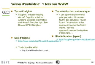 68DTSI / Service Cognitique Robotique et Interaction
‘avion d’industrie’ 1 fois sur WWW
Texte d’origine
 Supplies, industry leading
Aircraft Supplies solutions,
Airplane Supplies information,
and Aircraft Supplies tips. See
Discount Pilot Supplies.
Site d’origine
 http://www.aviate.biz/Aircraft-Suppliesli.html
 Traduction Babelfish
• http://babelfish.altavista.com/tr
Texte traducteur automatique
 « Les approvisionnements,
principal avion d'industrie
fournit des solutions, l'avion
fournit l'information, et les
approvisionnements d'avion
incline. Voir les
approvisionnements de pilote
d'escompte. »
Site fédérateur (spam)
 http://supplies.garden-.aboutpestcont
 