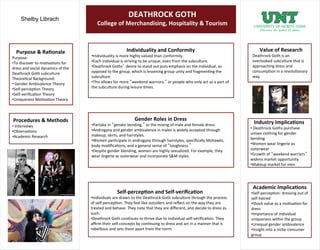 DEATHROCK*GOTH*
College*of*Merchandising,*Hospitality*&*Tourism*
Purpose*&*RaBonale*
Purpose:)
• To)discover)to)mo1va1ons)for)
dress)and)social)dynamics)of)the)
Deathrock)Goth)subculture)
Theore1cal)Background:)
• )Gender)Ambivalence)Theory)
• Self@percep1on)Theory)
• Self@veriﬁca1on)Theory)
• Uniqueness)Mo1va1on)Theory)
Procedures*&*Methods*
• )Interviews)
• Observa1ons)
• Academic)Research)
Industry*ImplicaBons*
• )Deathrock)Goths)purchase)
unisex)clothing)for)gender)
bending)
• Women)wear)lingerie)as)
outerwear)
• Growth)of) weekend)warriors )
widens)market)opportunity)
• Makeup)market)for)men)
Academic*ImplicaBons*
• Self@percep1on:)dressing)out)of)
self@hatred)
• Shock)value)as)a)mo1va1on)for)
dress)
• Importance)of)individual)
uniqueness)within)the)group)
• Unequal)gender)ambivalence)
• Insight)into)a)niche)consumer)
group)
Value*of*Research*
Deathrock)Goth)is)an)
overlooked)subculture)that)is)
approaching)dress)and)
consump1on)in)a)revolu1onary)
way.)
Individuality*and*Conformity*
• Individuality)is)more)highly)valued)than)conformity.))
• Each)individual)is)striving)to)be)unique,)even)from)the)subculture.)
• Deathrock)Goths )desire)to)stand)out)puts)emphasis)on)the)individual,)as)
opposed)to)the)group,)which)is)lessening)group)unity)and)fragmen1ng)the)
subculture.)
• This)allows)for)more) weekend)warriors, )or)people)who)only)act)as)a)part)of)
the)subculture)during)leisure)1mes.)
Gender*Roles*in*Dress*
• Partake)in) gender)bending, )or)the)mixing)of)male)and)female)dress.)
• Androgyny)and)gender)ambivalence)in)males)is)widely)accepted)through)
makeup,)skirts,)and)hairstyles.)
• Women)par1cipate)in)androgyny)through)hairstyles,)speciﬁcally)Mohawks,)
body)modiﬁca1ons,)and)a)general)sense)of) toughness. )
• Despite)gender)blending,)women)are)highly)sexualized.)For)example,)they)
wear)lingerie)as)outerwear)and)incorporate)S&M)styles.)
SelfGpercepBon*and*SelfGveriﬁcaBon*
• Individuals)are)drawn)to)the)Deathrock)Goth)subculture)through)the)process)
of)self@percep1on.)They)feel)like)outsiders)and)reﬂect)on)the)way)they)are)
treated)and)behave.)They)note)that)they)are)diﬀerent,)and)decide)to)dress)as)
such.)
• Deathrock)Goth)con1nues)to)thrive)due)to)individual)self@veriﬁca1on.)They)
aﬃrm)their)self@concepts)by)con1nuing)to)dress)and)act)in)a)manner)that)is)
rebellious)and)sets)them)apart)from)the)norm.))
*
Shelby Librach
SHELBY LIBRACH
DEATHROCK GOTH RESEARCH
University of North Texas
SHELBY LIBRACH
DEATHROCK GOTH RESEARCH
University of North Texas
SHELBY LIBRACH
DEATHROCK GOTH RESEARCH
University of North Texas
SHELBY LIBRACH
DEATHROCK GOTH RESEARCH
University of North Texas
SHELBY LIBRACH
DEATHROCK GOTH RESEARCH
University of North Texas
SHELBY LIBRACH
DEATHROCK GOTH RESEARCH
University of North Texas
SHELBY LIBRACH
DEATHROCK GOTH RESEARCH
University of North Texas
SHELBY LIBRACH
DEATHROCK GOTH RESEARCH
University of North Texas
Text
SHELBY LIBRACH
DEATHROCK GOTH RESEARCH
University of North Texas
SHELBY LIBRACH
DEATHROCK GOTH RESEARCH
 