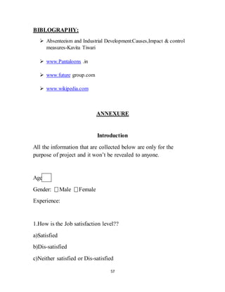 57
BIBLOGRAPHY:
 Absenteeism and Industrial Development:Causes,Impact & control
measures-Kavita Tiwari
 www.Pantaloons .in
 www.future group.com
 www.wikipedia.com
ANNEXURE
Introduction
All the information that are collected below are only for the
purpose of project and it won’t be revealed to anyone.
Age
Gender: Male Female
Experience:
1.How is the Job satisfaction level??
a)Satisfied
b)Dis-satisfied
c)Neither satisfied or Dis-satisfied
 