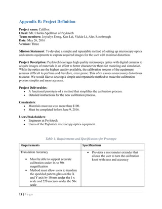 13 | P a g e
Appendix B: Project Definition
Project name: CaliBox
Client: Mr. Charles Spellman of Psylotech
Team members: Joycelyn Dong, Kun Lei, Vickie Li, Alex Rosebrough
Date: May 26, 2016
Version: Three
Mission Statement: To develop a simple and repeatable method of setting up microscopy optics
and camera equipments to capture required images for the user with minimal distortion.
Project Description: Psylotech leverages high quality microscopy optics with digital cameras to
acquire images of materials in an effort to better characterize them for modeling and simulation.
While the optics are the highest quality available, the calibration process of the equipment
remains difficult to perform and therefore, error prone. This often causes unnecessary distortions
to occur. We would like to develop a simple and repeatable method to make the calibration
process simpler and more accurate.
Project Deliverables:
 A functional prototype of a method that simplifies the calibration process.
 Detailed instructions for the new calibration process.
Constraints:
 Materials must not cost more than $100.
 Must be completed before June 9, 2016.
Users/Stakeholders:
 Engineers at Psylotech.
 Users of the Psylotech microscopy optics equipment.
Table 1: Requirements and Specifications for Prototype
Requirements Specifications
Translation Accuracy
 Must be able to support accurate
calibration under 1x to 50x
magnification
 Method must allow users to translate
the speckled pattern glass on the X
and Y axis by 10 mm under the 1 x
scale and 220 microns under the 50x
scale
 Provides a micrometer extender that
allows the user to turn the calibration
knob with ease and accuracy
 