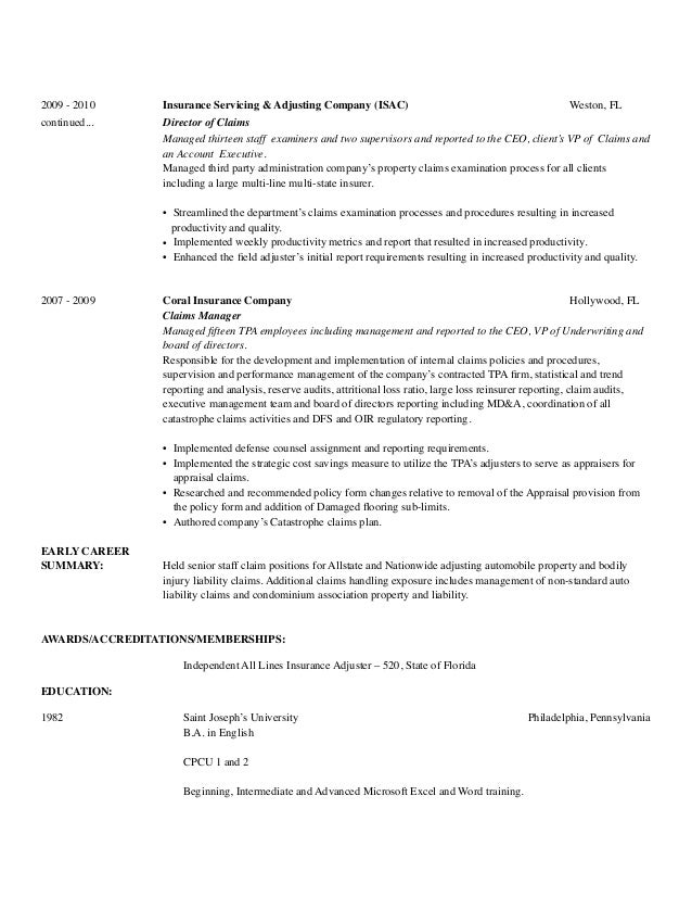 Bodily injury adjuster resume