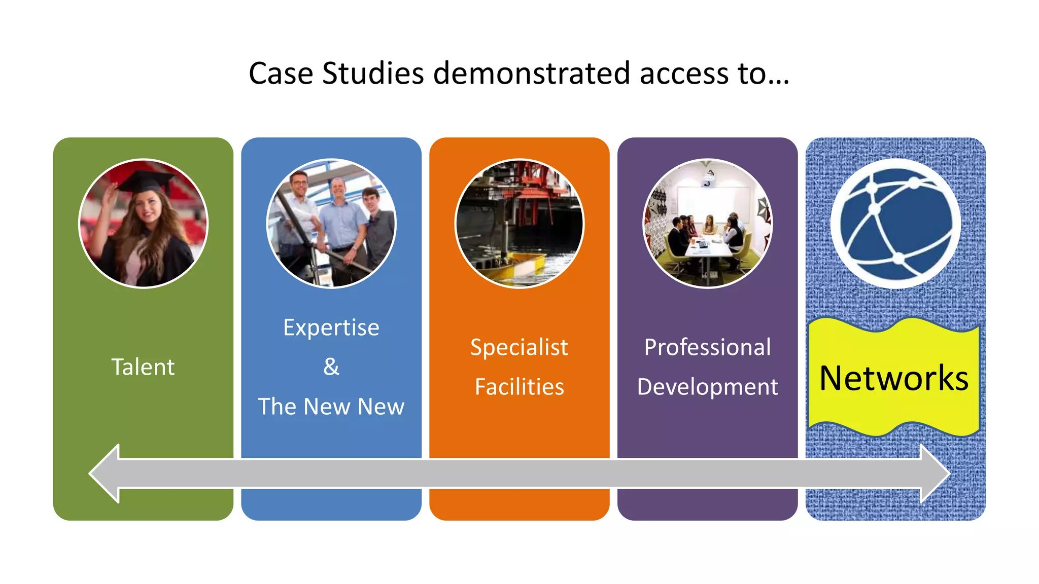 Case Studies demonstrated access to…
Talent
Expertise
&
The New New
Specialist
Facilities
Professional
Development
Networks
Networks
 
