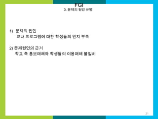FGI

3. 문제의 원인 규명

1) 문제의 원인
교내 프로그램에 대한 학생들의 인지 부족
2) 문제원인의 근거
학교 측 홍보매체와 학생들의 이용매체 불일치

21

 