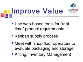 Improve Value
 Use web-based tools for “real
time” product requirements
 Kanban supply process
 Meet with shop floor operators to
evaluate packaging and storage
 Kitting, Inventory Management
 