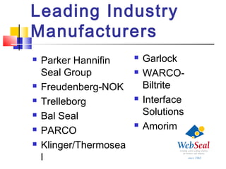 Leading Industry
Manufacturers
 Parker Hannifin
Seal Group
 Freudenberg-NOK
 Trelleborg
 Bal Seal
 PARCO
 Klinger/Thermosea
l
 Garlock
 WARCO-
Biltrite
 Interface
Solutions
 Amorim
 