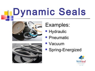 Dynamic Seals
Examples:
 Hydraulic
 Pneumatic
 Vacuum
 Spring-Energized
 