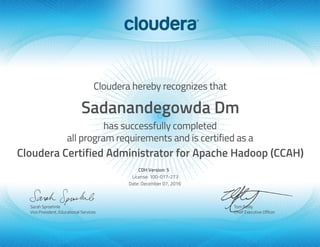Sadanandegowda Dm
Cloudera Certified Administrator for Apache Hadoop (CCAH)
CDH Version: 5
License: 100-017-273
Date: December 07, 2016
 