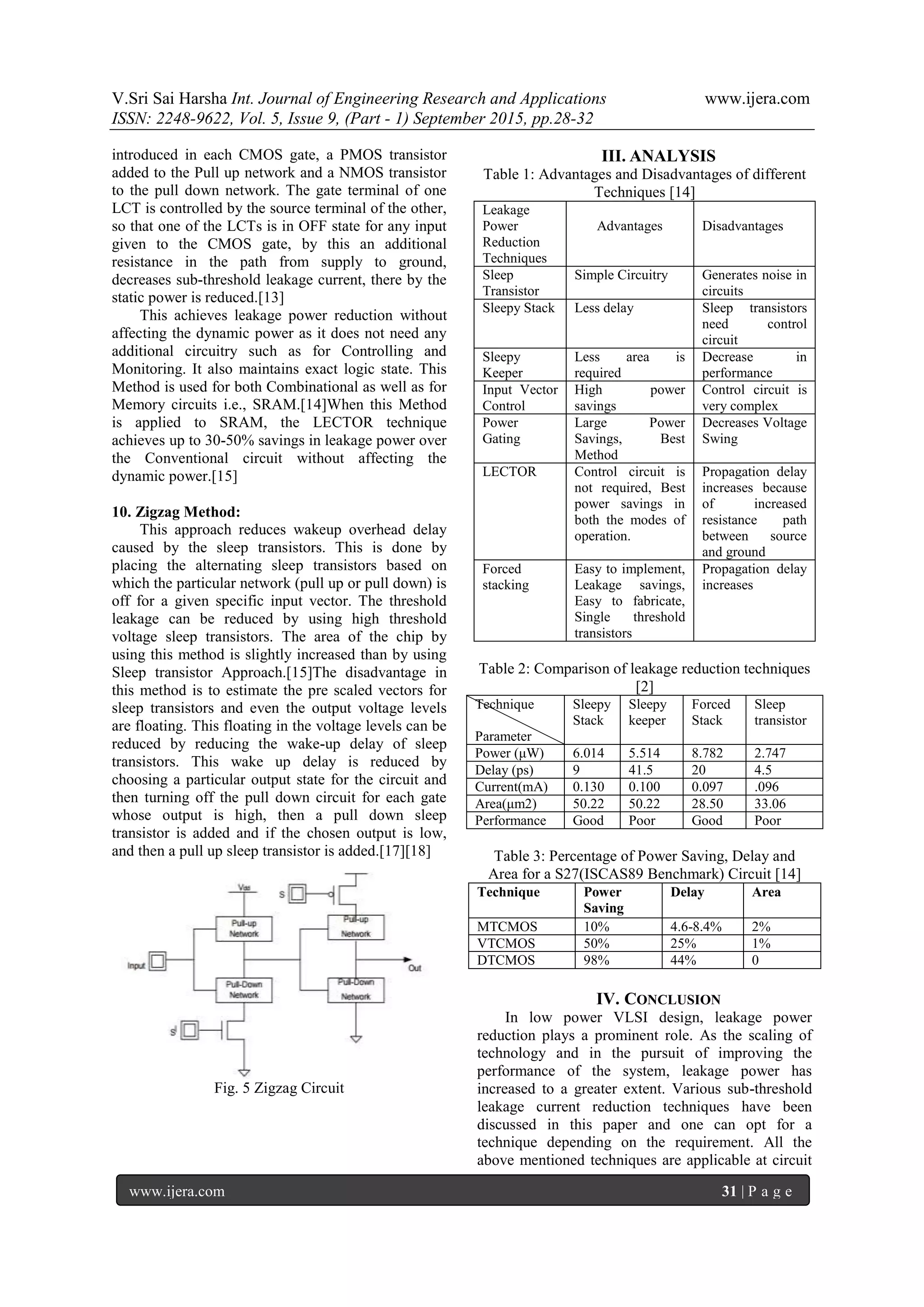V.Sri Sai Harsha Int. Journal of Engineering Research and Applications www.ijera.com
ISSN: 2248-9622, Vol. 5, Issue 9, (Part - 1) September 2015, pp.28-32
www.ijera.com 31 | P a g e
introduced in each CMOS gate, a PMOS transistor
added to the Pull up network and a NMOS transistor
to the pull down network. The gate terminal of one
LCT is controlled by the source terminal of the other,
so that one of the LCTs is in OFF state for any input
given to the CMOS gate, by this an additional
resistance in the path from supply to ground,
decreases sub-threshold leakage current, there by the
static power is reduced.[13]
This achieves leakage power reduction without
affecting the dynamic power as it does not need any
additional circuitry such as for Controlling and
Monitoring. It also maintains exact logic state. This
Method is used for both Combinational as well as for
Memory circuits i.e., SRAM.[14]When this Method
is applied to SRAM, the LECTOR technique
achieves up to 30-50% savings in leakage power over
the Conventional circuit without affecting the
dynamic power.[15]
10. Zigzag Method:
This approach reduces wakeup overhead delay
caused by the sleep transistors. This is done by
placing the alternating sleep transistors based on
which the particular network (pull up or pull down) is
off for a given specific input vector. The threshold
leakage can be reduced by using high threshold
voltage sleep transistors. The area of the chip by
using this method is slightly increased than by using
Sleep transistor Approach.[15]The disadvantage in
this method is to estimate the pre scaled vectors for
sleep transistors and even the output voltage levels
are floating. This floating in the voltage levels can be
reduced by reducing the wake-up delay of sleep
transistors. This wake up delay is reduced by
choosing a particular output state for the circuit and
then turning off the pull down circuit for each gate
whose output is high, then a pull down sleep
transistor is added and if the chosen output is low,
and then a pull up sleep transistor is added.[17][18]
Fig. 5 Zigzag Circuit
III. ANALYSIS
Table 1: Advantages and Disadvantages of different
Techniques [14]
Leakage
Power
Reduction
Techniques
Advantages Disadvantages
Sleep
Transistor
Simple Circuitry Generates noise in
circuits
Sleepy Stack Less delay Sleep transistors
need control
circuit
Sleepy
Keeper
Less area is
required
Decrease in
performance
Input Vector
Control
High power
savings
Control circuit is
very complex
Power
Gating
Large Power
Savings, Best
Method
Decreases Voltage
Swing
LECTOR Control circuit is
not required, Best
power savings in
both the modes of
operation.
Propagation delay
increases because
of increased
resistance path
between source
and ground
Forced
stacking
Easy to implement,
Leakage savings,
Easy to fabricate,
Single threshold
transistors
Propagation delay
increases
Table 2: Comparison of leakage reduction techniques
[2]
Technique
Parameter
Sleepy
Stack
Sleepy
keeper
Forced
Stack
Sleep
transistor
Power (μW) 6.014 5.514 8.782 2.747
Delay (ps) 9 41.5 20 4.5
Current(mA) 0.130 0.100 0.097 .096
Area(μm2) 50.22 50.22 28.50 33.06
Performance Good Poor Good Poor
Table 3: Percentage of Power Saving, Delay and
Area for a S27(ISCAS89 Benchmark) Circuit [14]
Technique Power
Saving
Delay Area
MTCMOS 10% 4.6-8.4% 2%
VTCMOS 50% 25% 1%
DTCMOS 98% 44% 0
IV. CONCLUSION
In low power VLSI design, leakage power
reduction plays a prominent role. As the scaling of
technology and in the pursuit of improving the
performance of the system, leakage power has
increased to a greater extent. Various sub-threshold
leakage current reduction techniques have been
discussed in this paper and one can opt for a
technique depending on the requirement. All the
above mentioned techniques are applicable at circuit
 