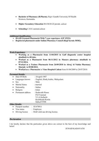 pharmacist cv 2016 | DOC