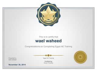This is to certify that
wael waheed
Congratulations on Completing Egypt AE Training
Presented to:
wael waheed
November 30, 2014
Egypt AE Training
Certified by:
Susan Freedley
 
